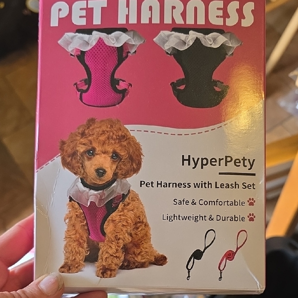 HyperPety Pink and Black Pet Harness with Leash Set